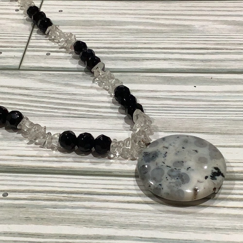 Handmade black and Quartz chip necklace